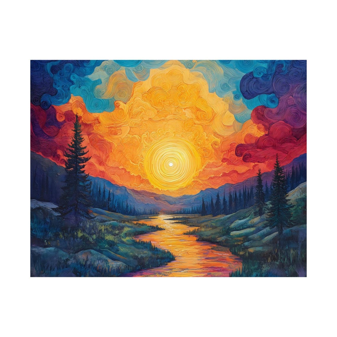 Golden Psychedelic Sunset Sun Over River Pines Wilderness Poster - Image 3