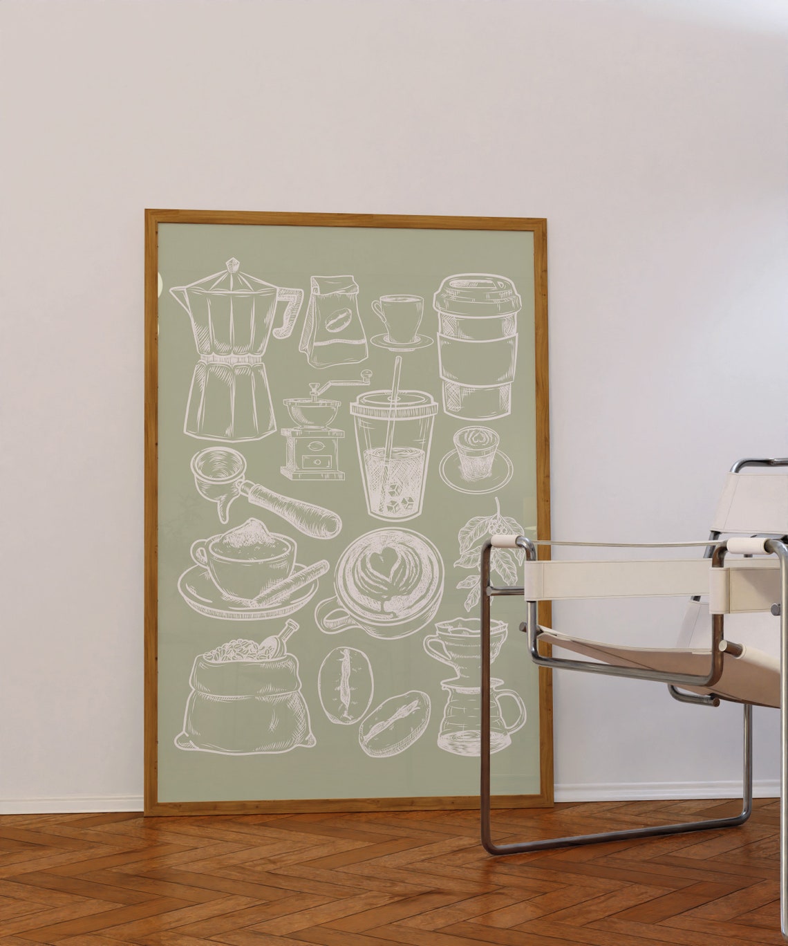 Sage Green Kitchen Coffee Icons Line Art Barista Decor Wall Art - Image 2