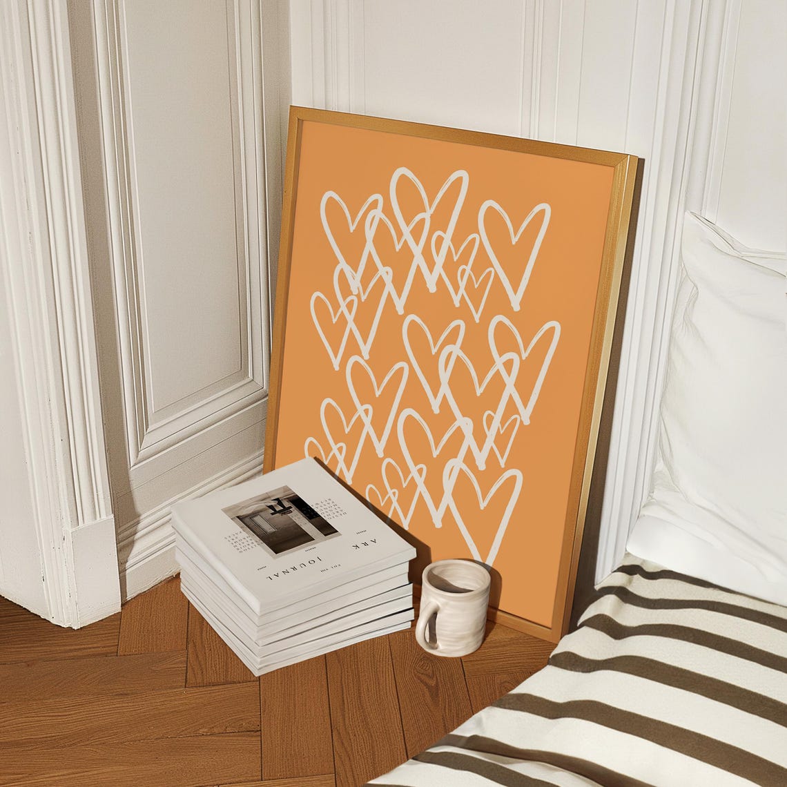 White Doodle Hearts On Burnt Orange Girly Valentine Art Poster