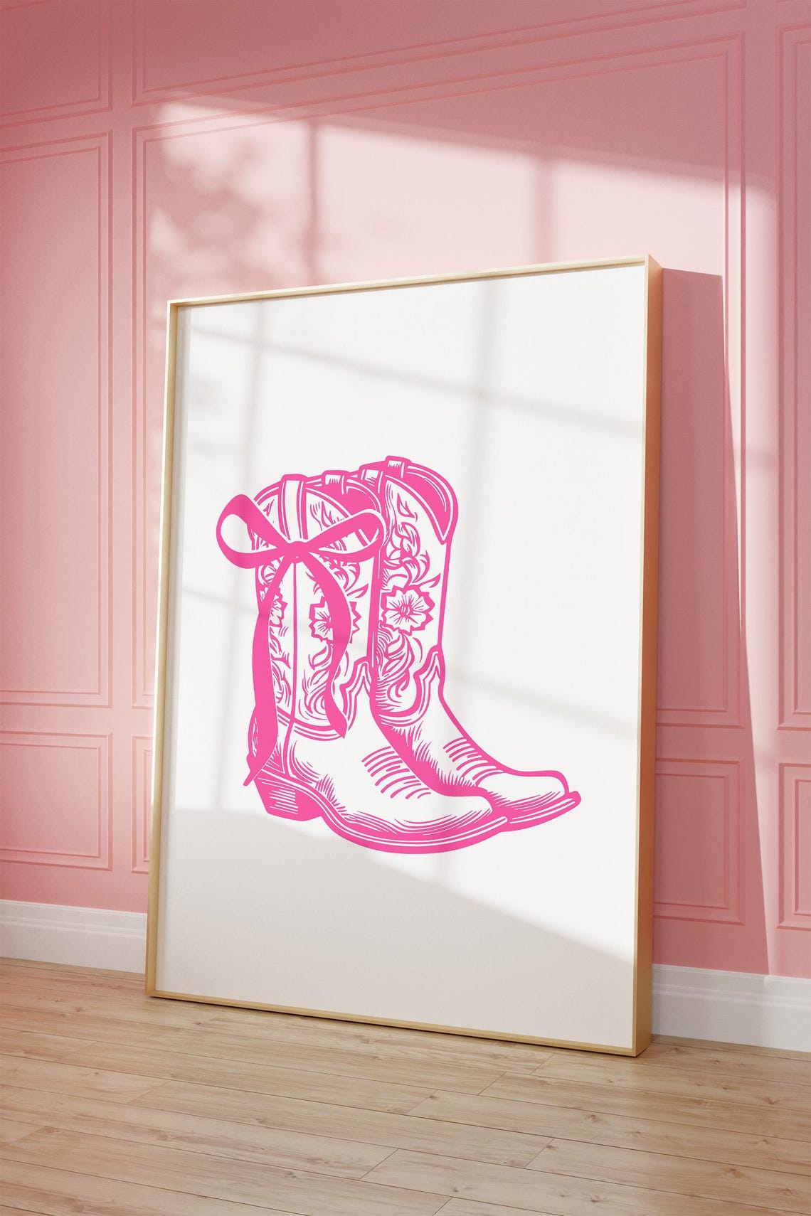 Pink Cowboy Boots With Bow Retro Western Floral Line Art Poster