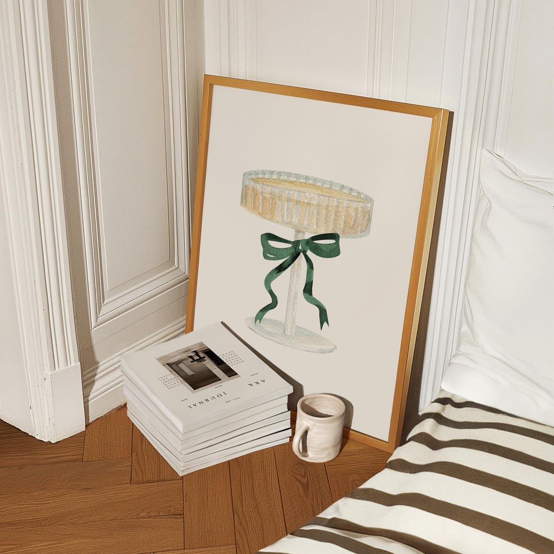Champagne Coupe Watercolor with Green Bow Elegant Bar Cart Art Poster