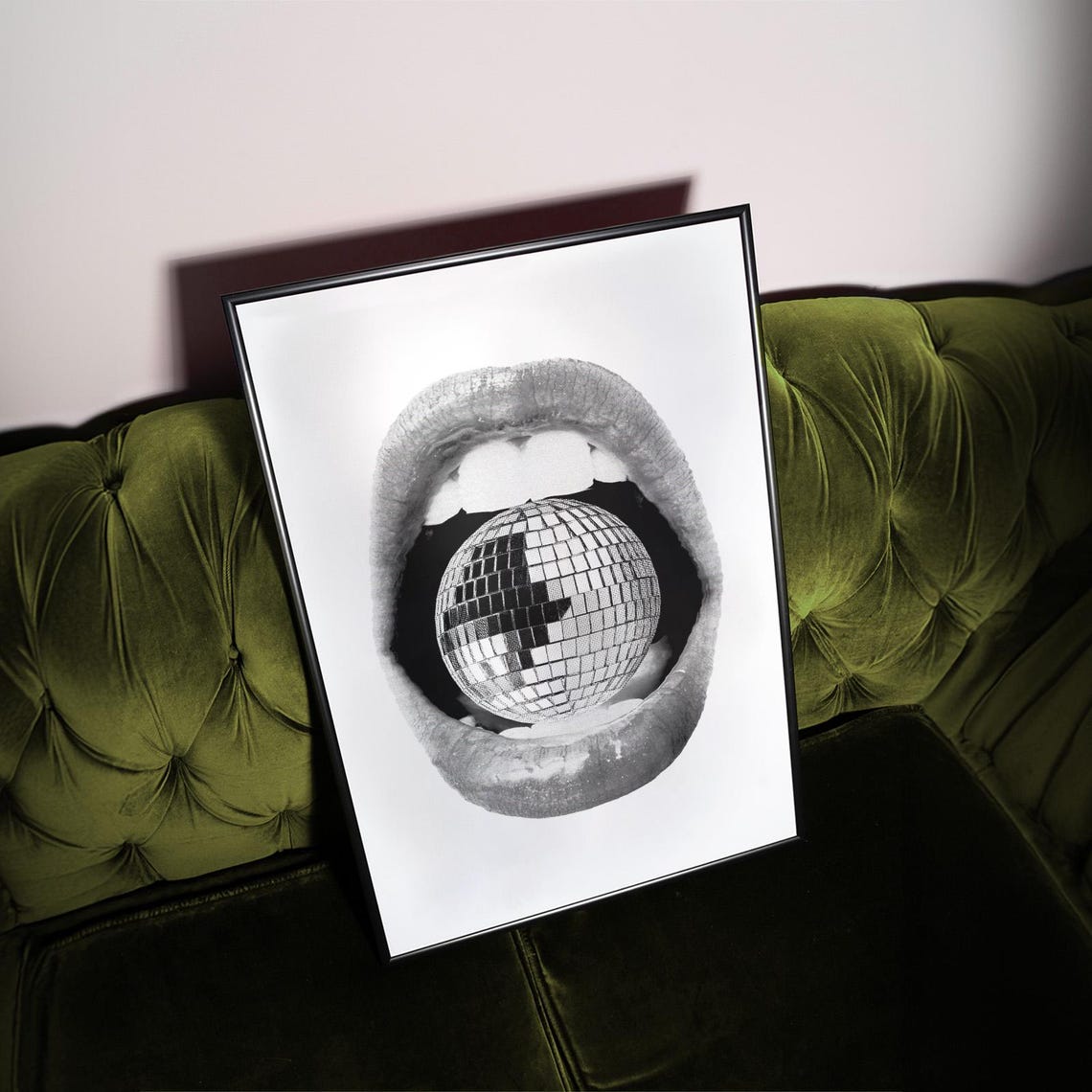 Disco Ball In Lips 70s Pop Art Black White Funky Retro Poster - Image 2