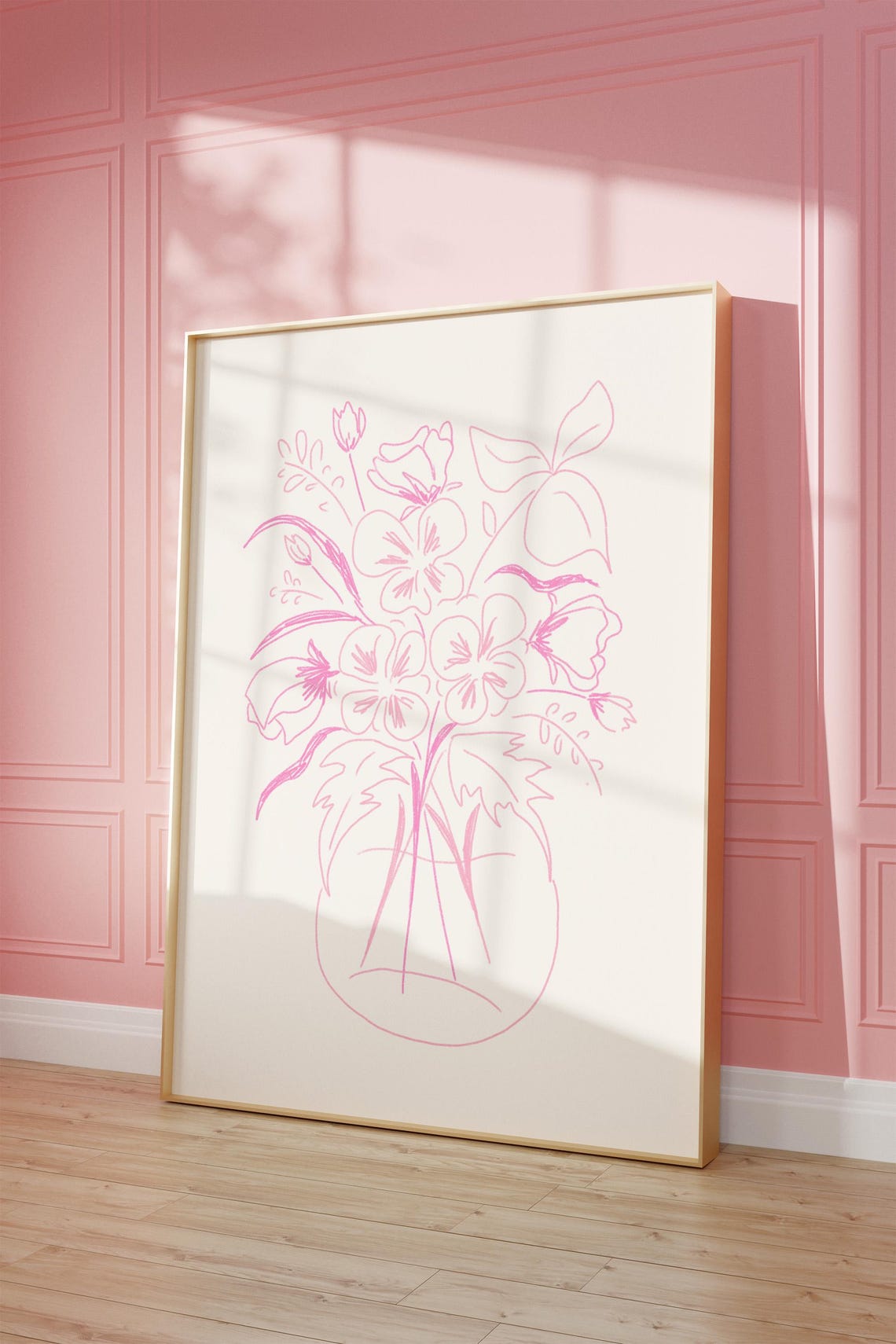 Pink Line Art Flower Bouquet Vase Minimalist Botanical Sketch Poster
