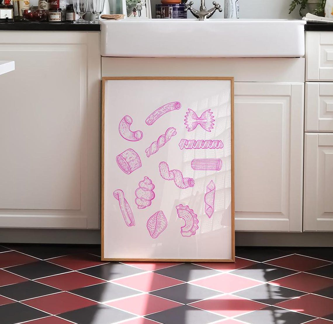 Pink Pasta Shapes Line Art Sketch Italian Kitchen Foodie Poster - Image 4
