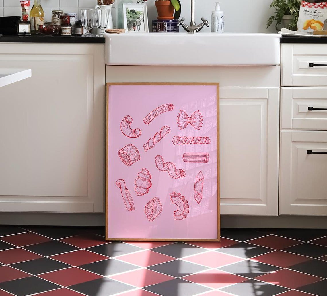 Red Pasta Shapes Line Art Sketch Italian Pink Kitchen Foodie Poster - Image 2