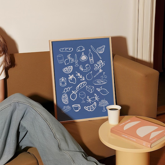 Blue Kitchen Food Doodle Line Art Cozy Cafe Restaurant Poster