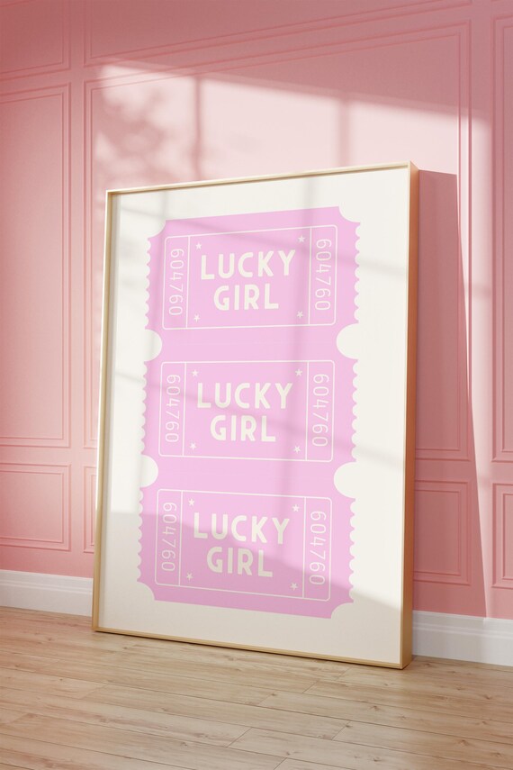 Lucky Girl Pink Ticket Stubs Triple Retro Typography Preppy Room Poster