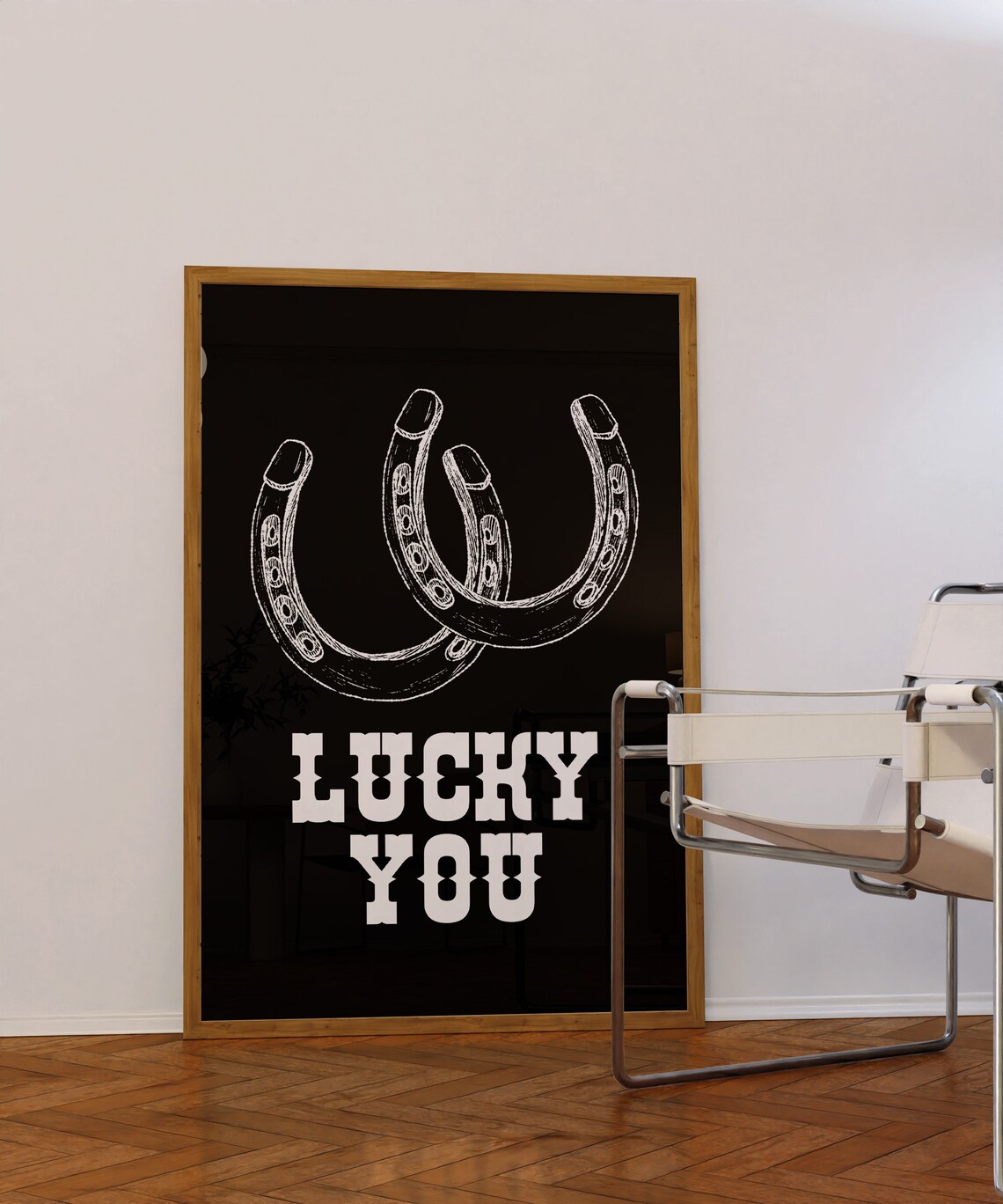 Lucky You Horseshoe Sketch Western Charm Quote White On Black Poster - Image 2