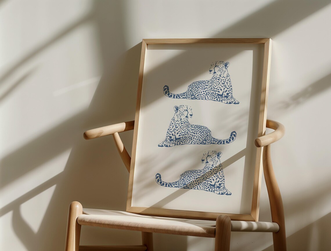 Navy Blue Cheetah Trio Chic Reclining Safari Line Art Poster - Image 3