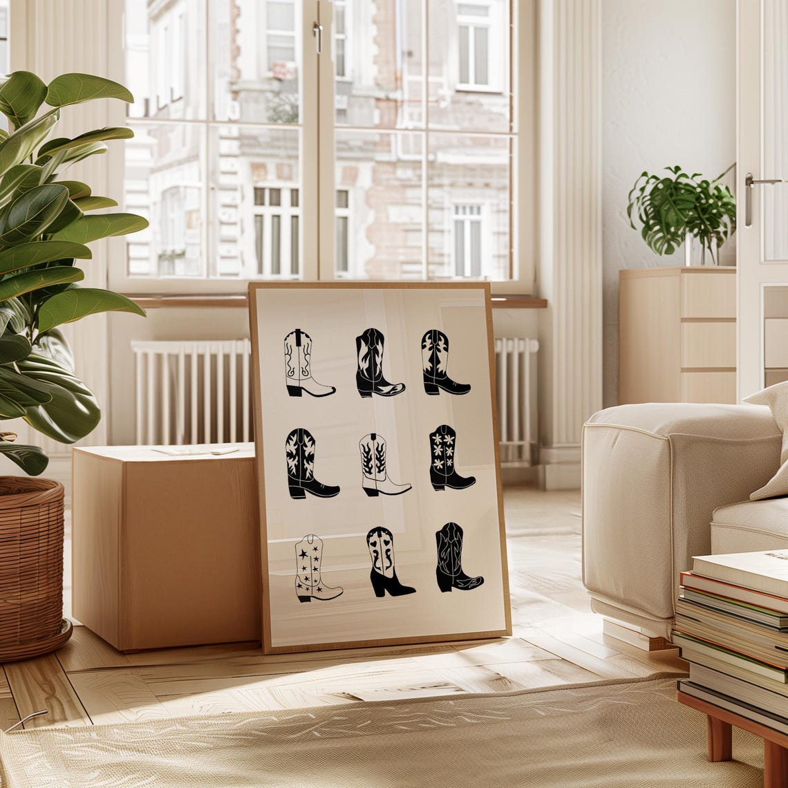 Black White Cowboy Boots Grid Silhouette Western Wall Poster - Image 2