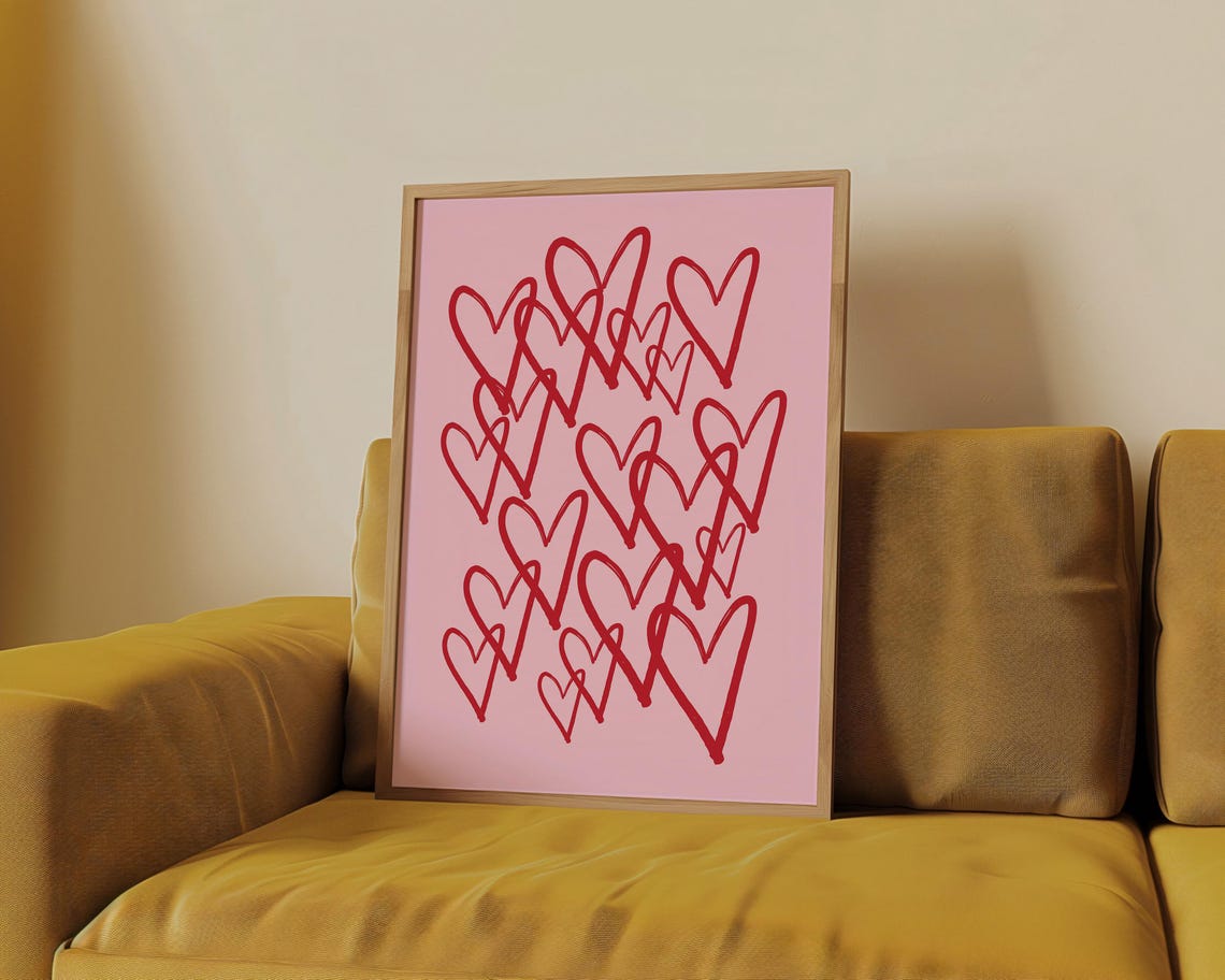 Red Doodle Hearts On Pink Girly Sweet Valentine Love Art Poster - Image 4