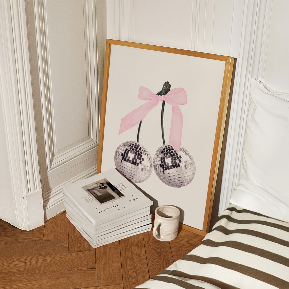 Pink Disco Ball Cherries With Bow Fun Trendy Coquette Poster - Image 3