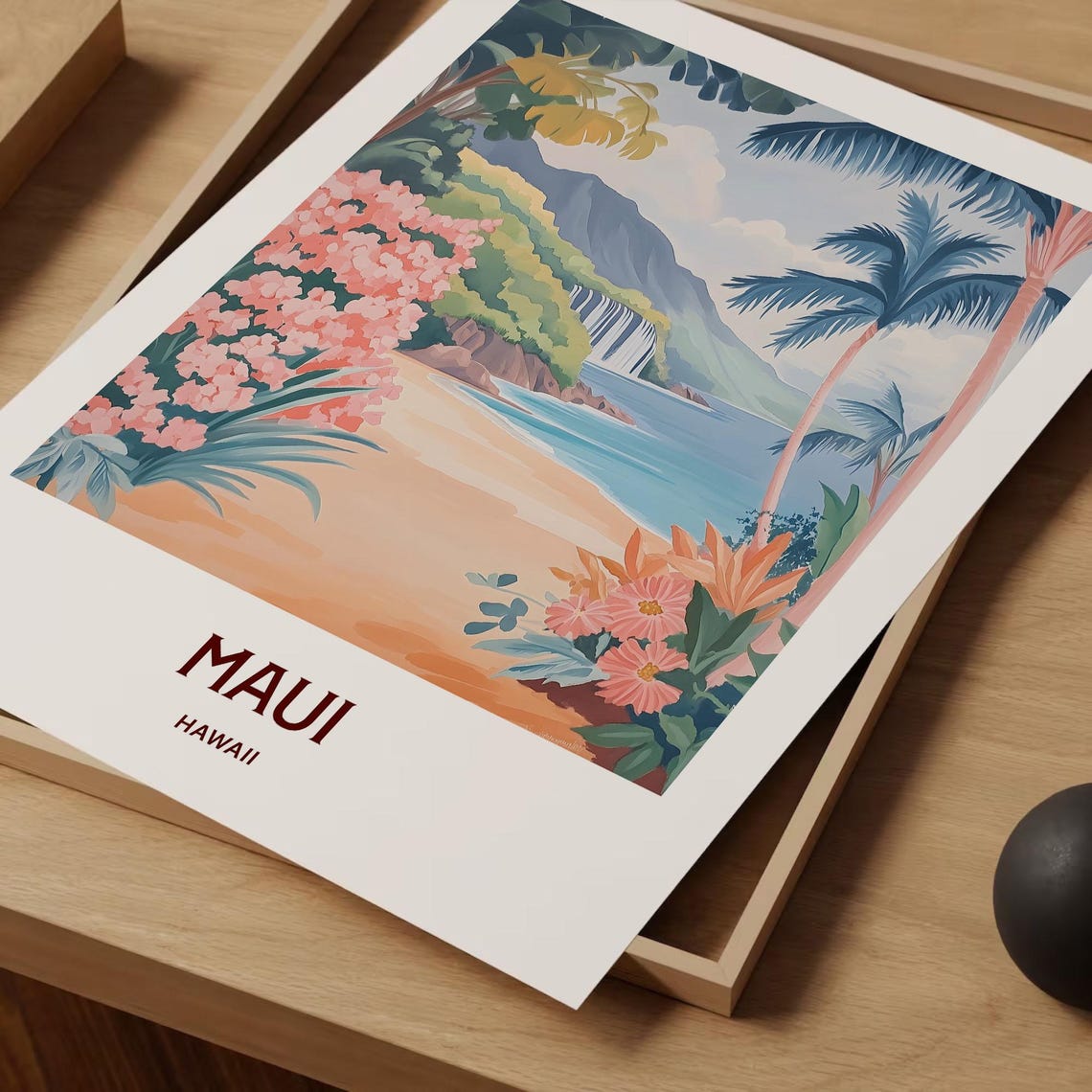 Maui Hawaii Tropical Beach Waterfall Palm Trees Oasis Art Poster - Image 2