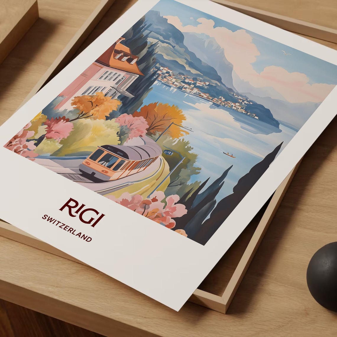 Rigi Switzerland Pastel Cogwheel Train Lake Mountain Scene Poster - Image 2