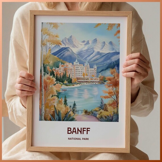 Banff National Park Lake Hotel Mountains Watercolor Travel Poster