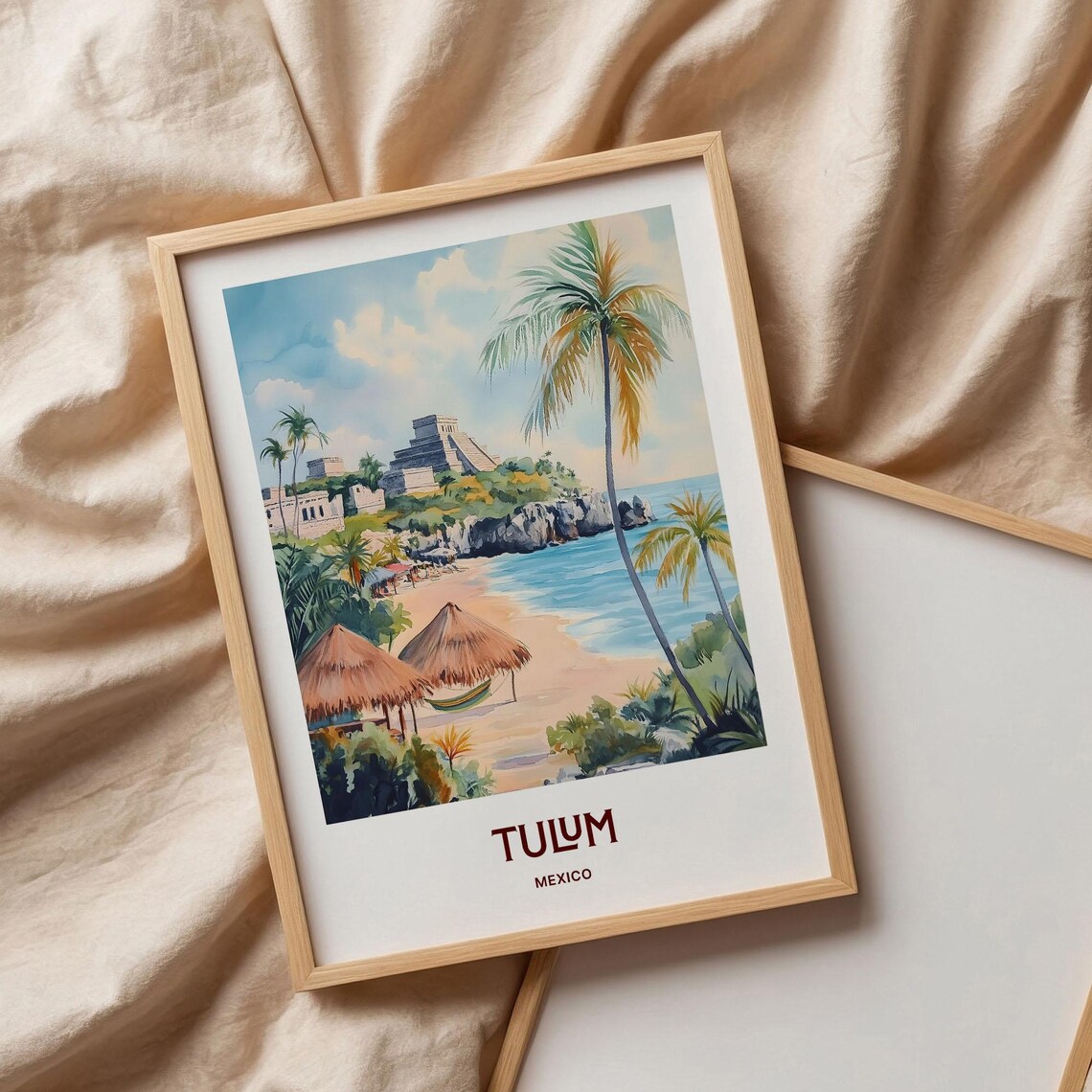 Tulum Mexico Maya Ruins Beach Palms Watercolor Travel Poster - Image 3