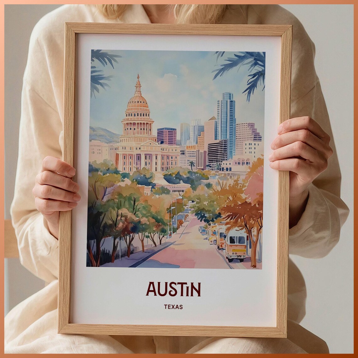 Austin Texas State Capitol Dome Skyline Pastel Travel Art Poster