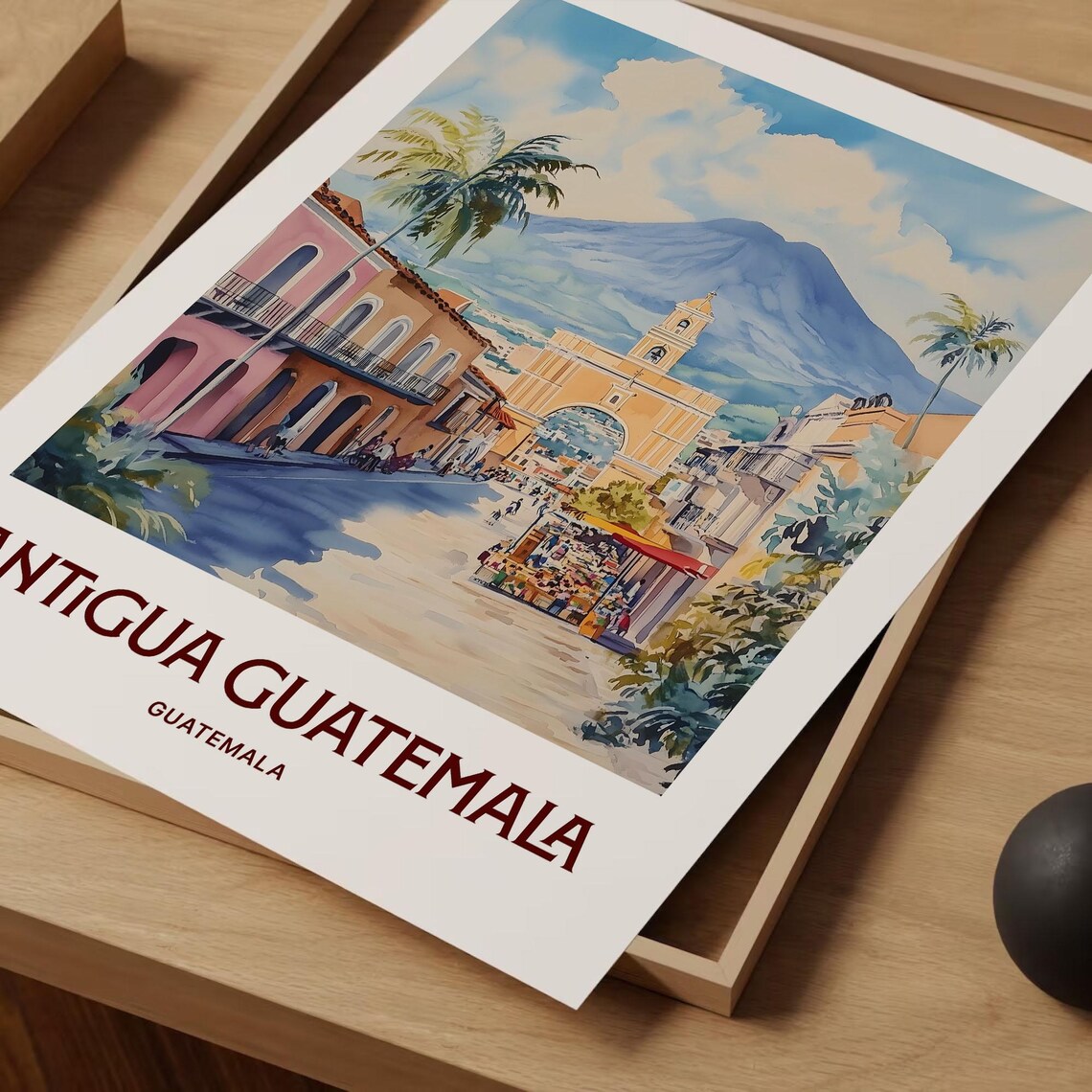 Antigua Guatemala Colonial Arch Volcano Street Watercolor City Poster - Image 2
