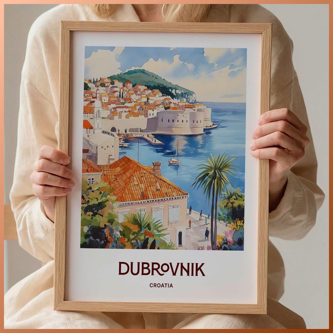 Dubrovnik Croatia Adriatic Watercolor Walled Harbor Town Poster
