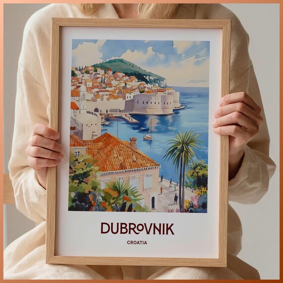 Dubrovnik Croatia Adriatic Watercolor Walled Harbor Town Poster