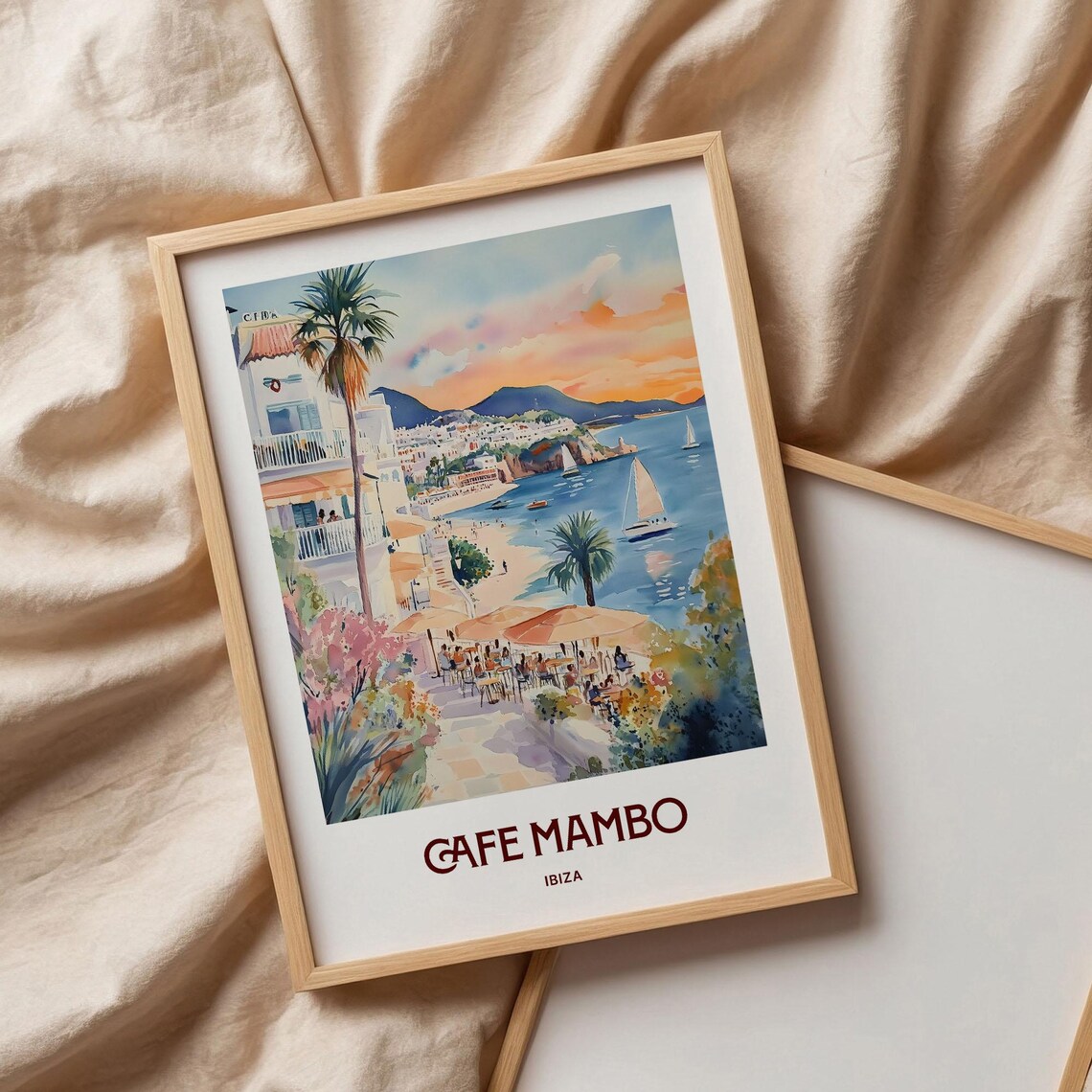 Cafe Mambo Ibiza Beach Sunset Sailboats Watercolor Party Travel Poster - Image 3