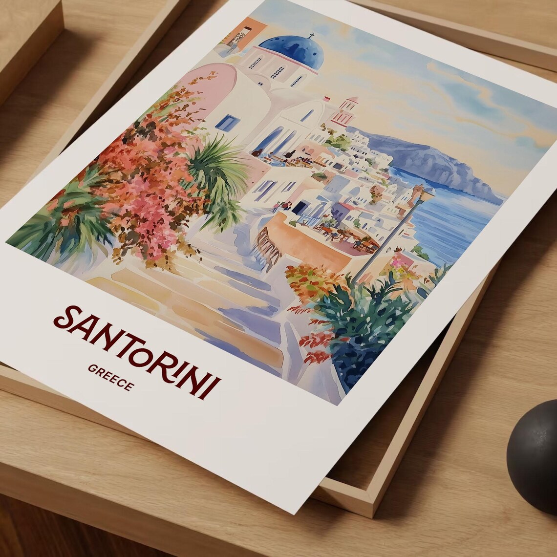 Santorini Greece Watercolor Blue Domes Island Caldera Poster - Image 2