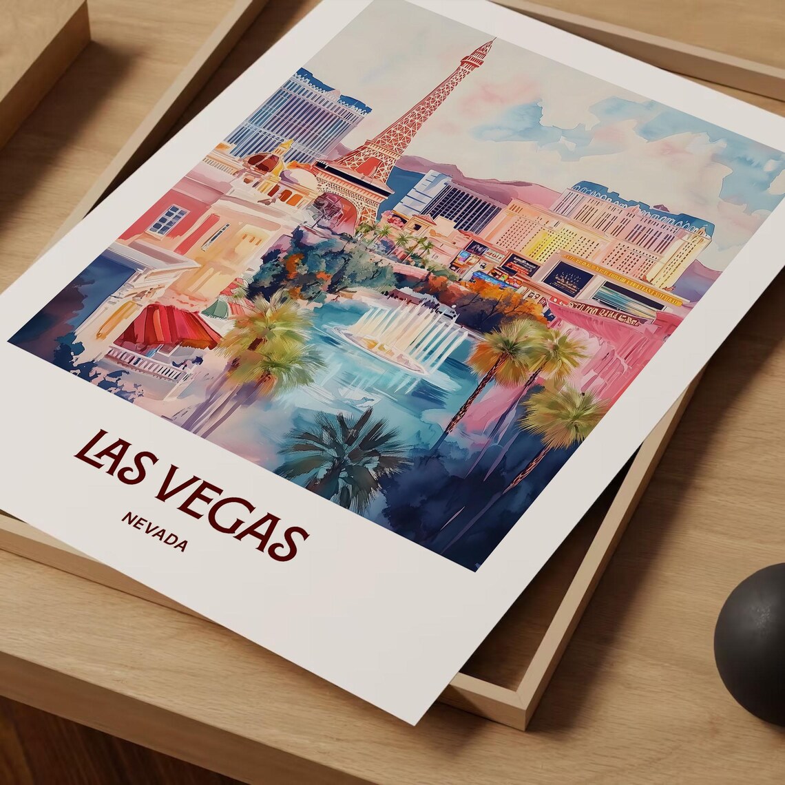 Las Vegas Nevada Strip Skyline Watercolor Poster Fountain Show - Image 2
