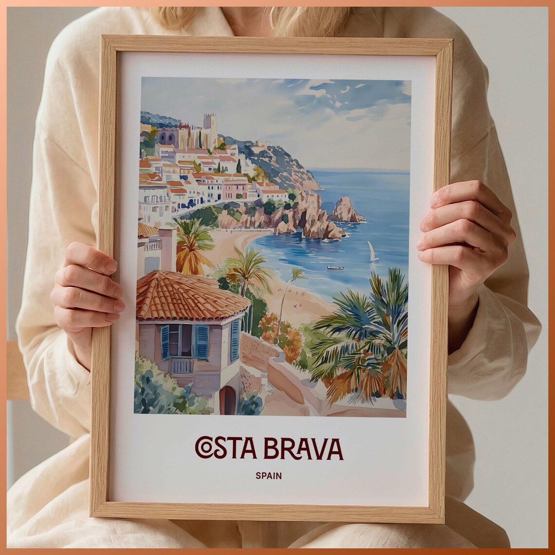 Costa Brava Spain Cliffside Beach Village Watercolor Travel Poster