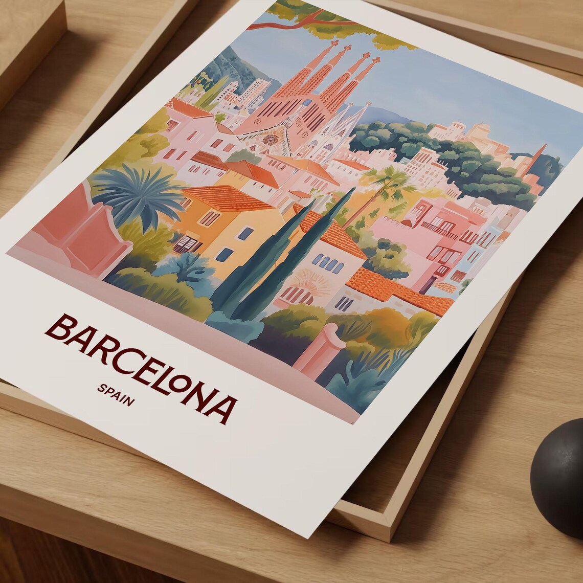 Barcelona Spain Sagrada Familia Cityscape Pastel Scene Art Poster - Image 2