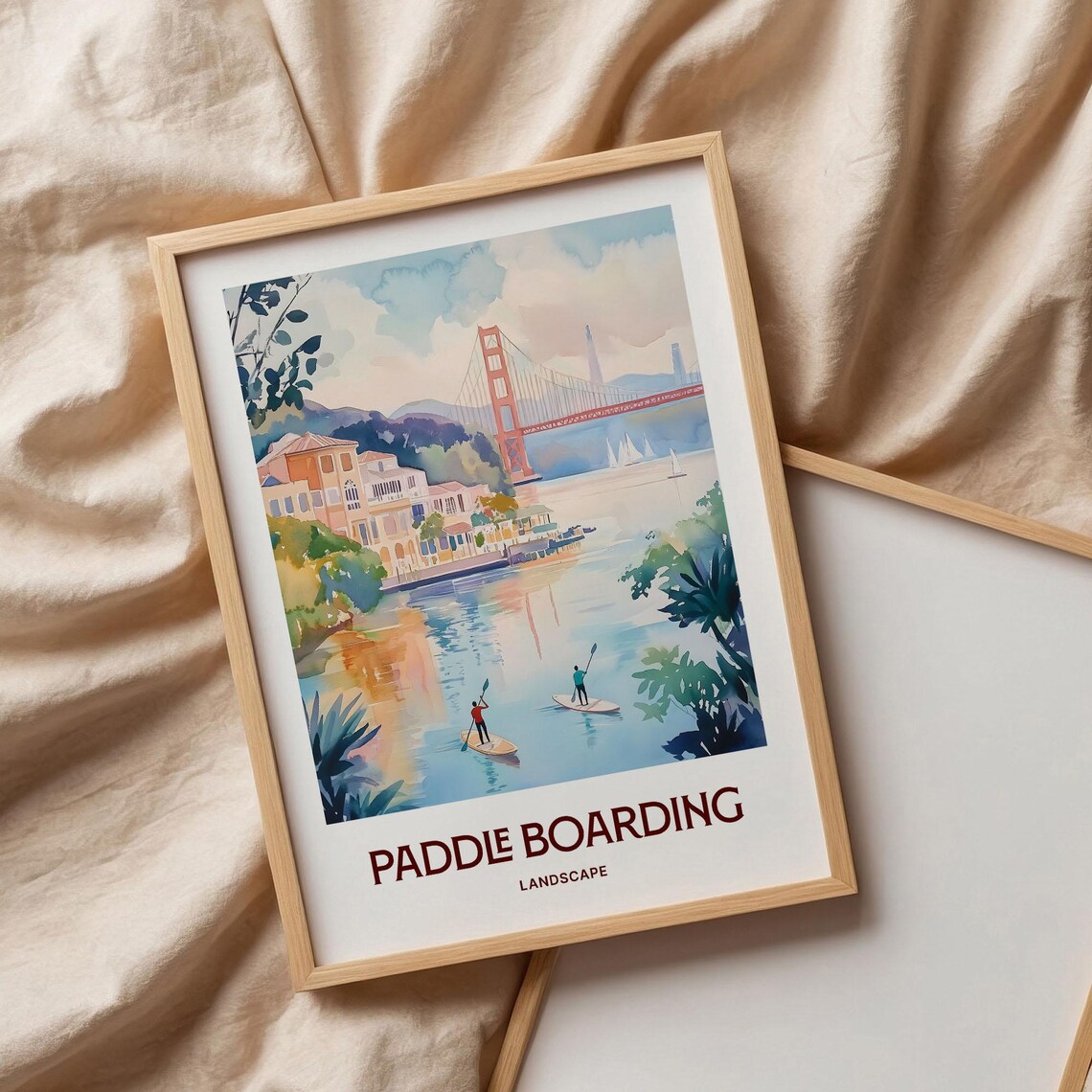 Paddle Boarding Golden Gate Bay Watercolor Travel Poster California - Image 3