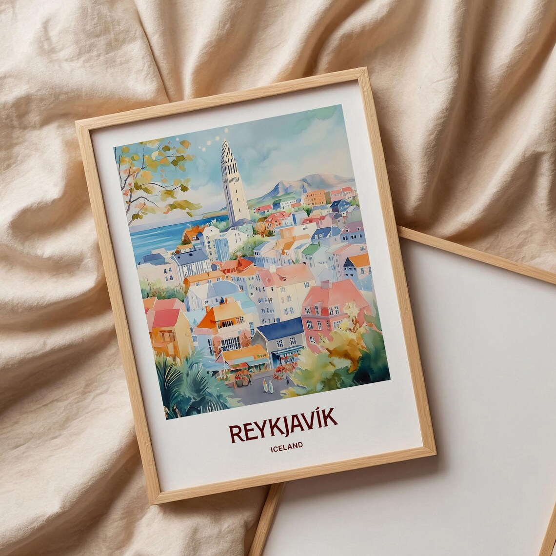Reykjavik Iceland Hallgrimskirkja Colorful City Watercolor Travel Poster - Image 3