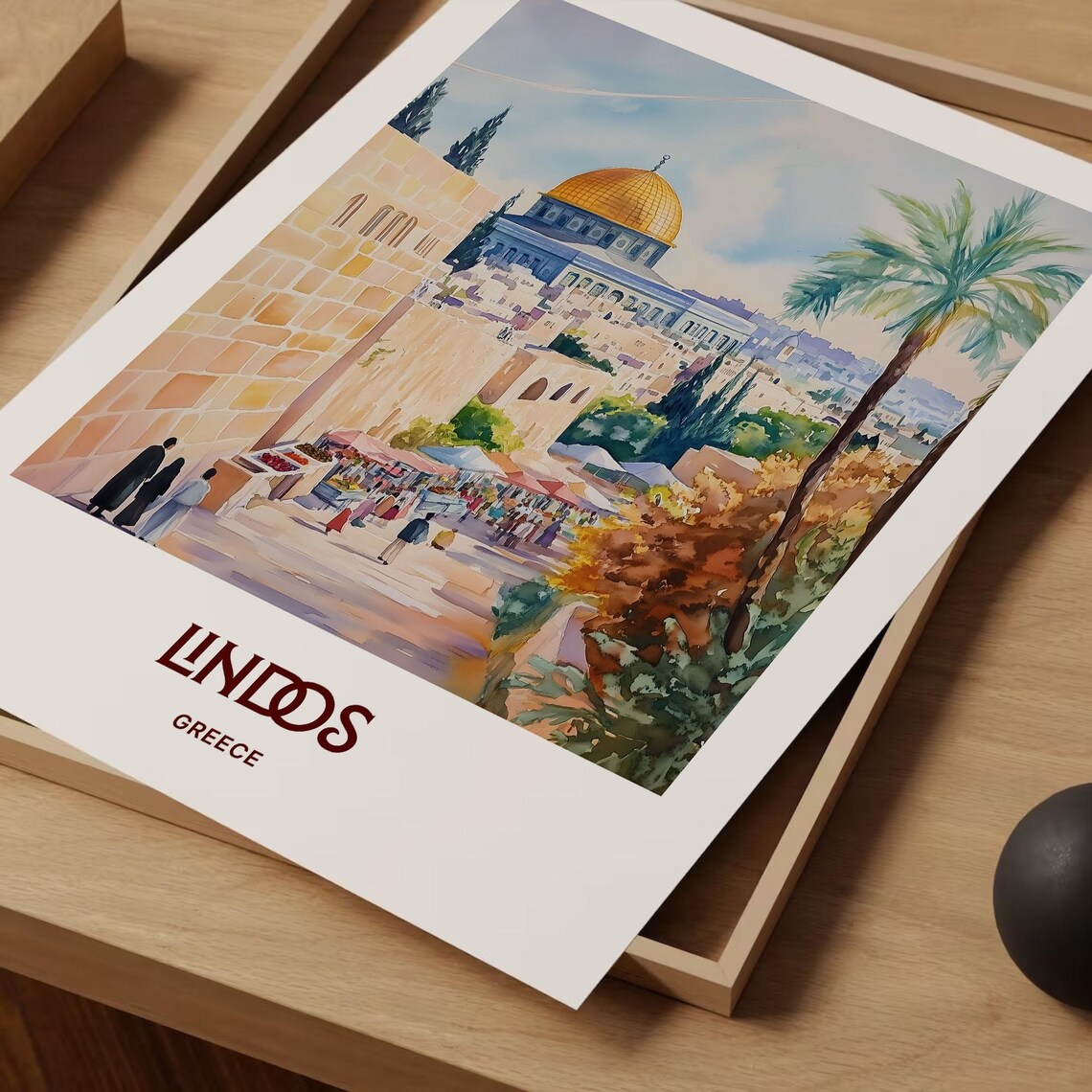 Lindos Greece Golden Dome Old Town Market Street Watercolor Poster - Image 2