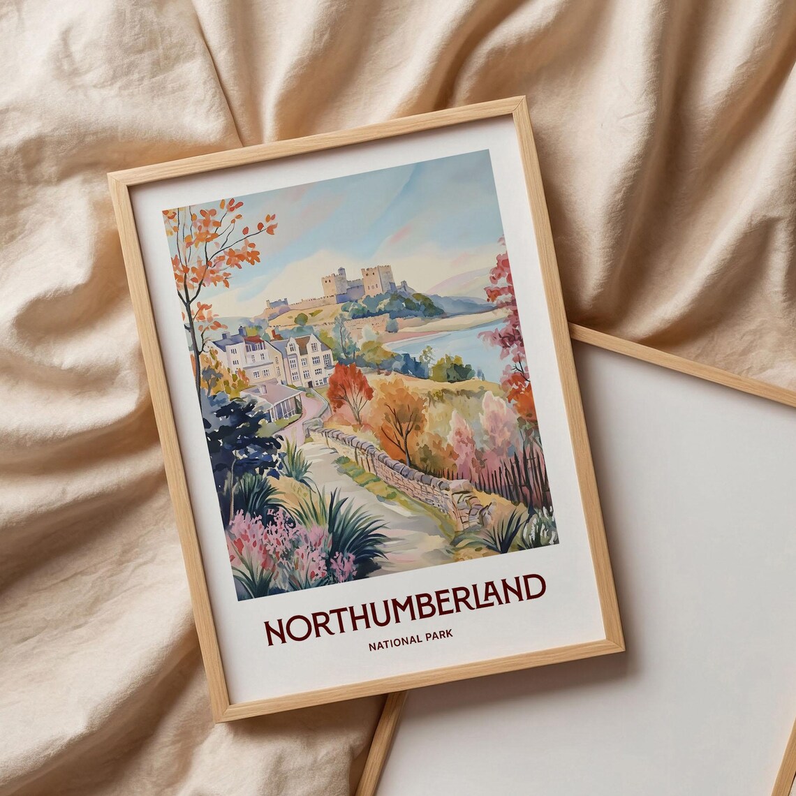 Northumberland National Park Castle Village Autumn Watercolor Travel Poster - Image 3