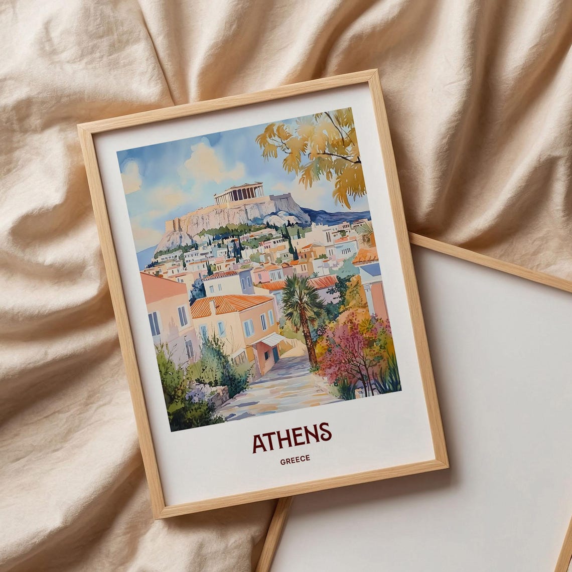 Athens Greece Acropolis Parthenon Watercolor Travel Poster Plaka - Image 3