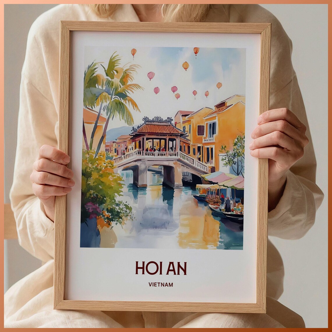 Hoi An Vietnam Watercolor Japanese Bridge Lanterns River Travel Poster
