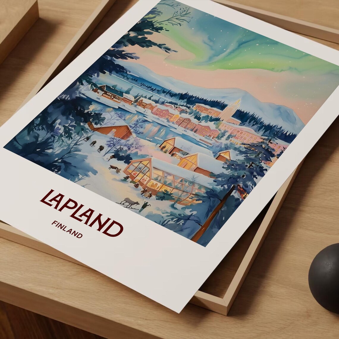 Lapland Finland Northern Lights Snowy Village Watercolor Poster - Image 2