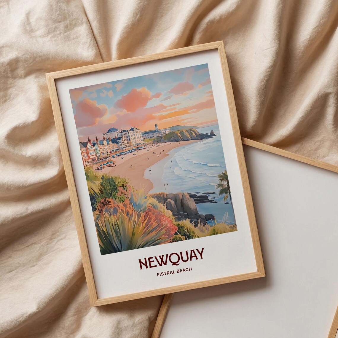 Newquay Fistral Beach Sunset Cornwall Watercolor Coastal Travel Poster - Image 3