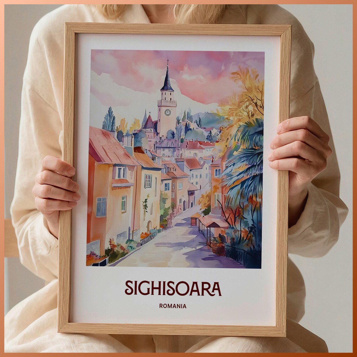 Sighisoara Romania Clock Tower Old Town Watercolor Travel Poster