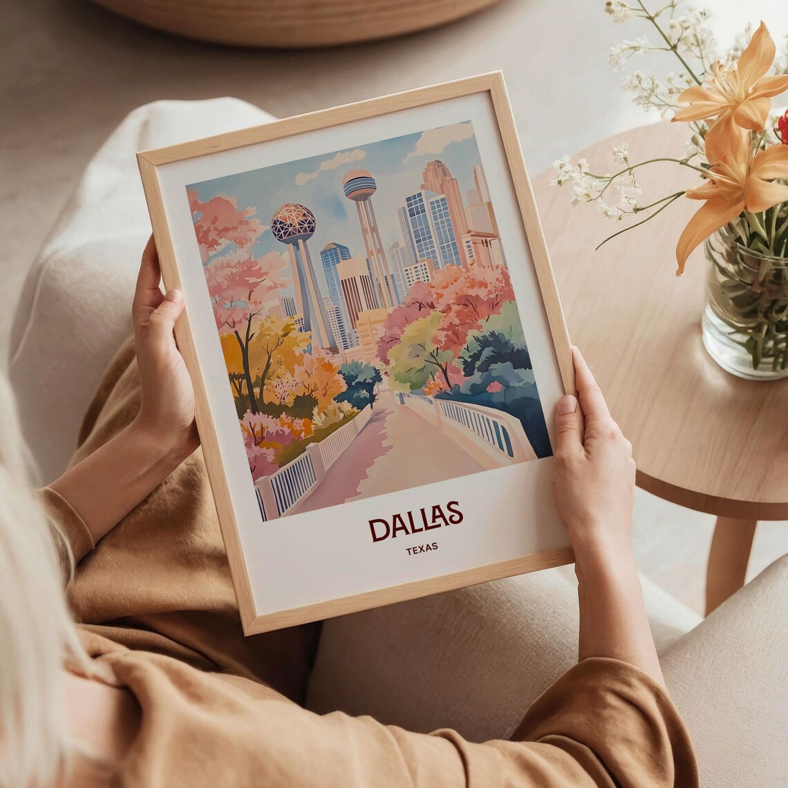 Dallas Texas Downtown Skyline Reunion Tower Watercolor Travel Poster - Image 5