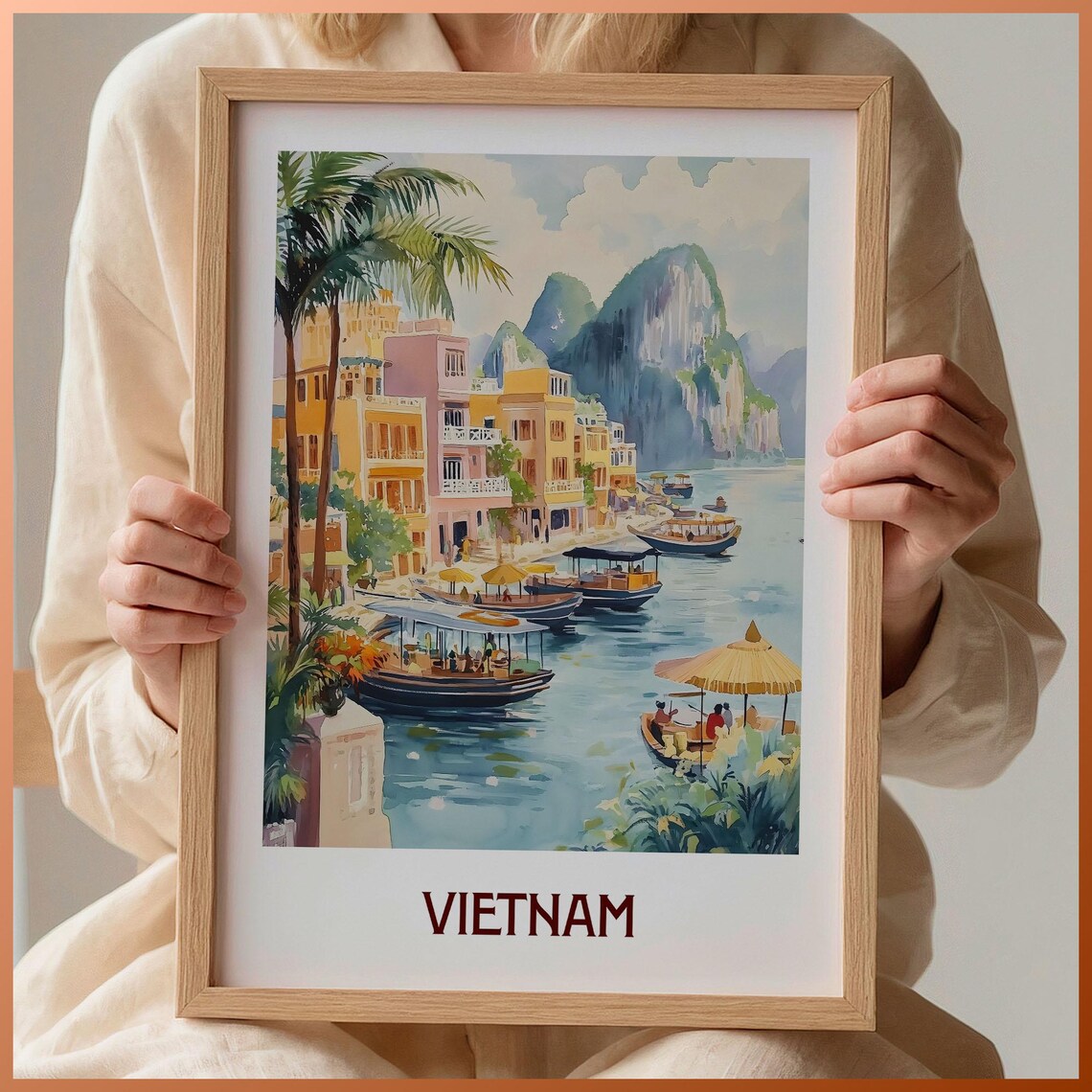 Vietnam Limestone Karst Bay Boats Watercolor Travel Poster Harbor