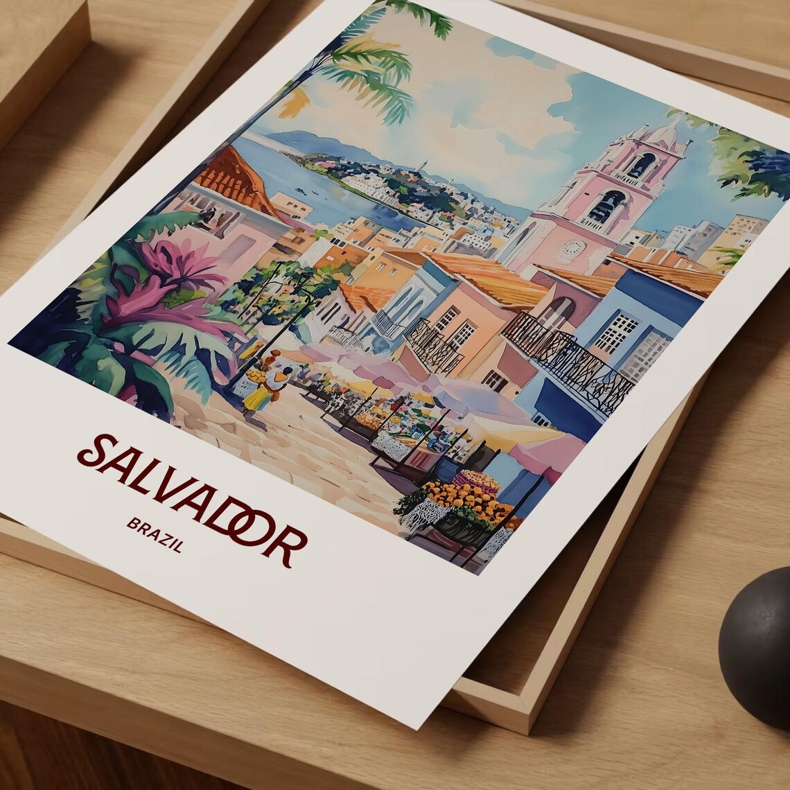 Salvador Brazil Colonial Street Market Church Watercolor City Poster - Image 2