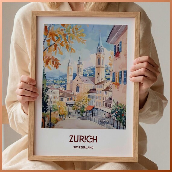 Zurich Switzerland Old Town Watercolor Poster Autumn Cityscape