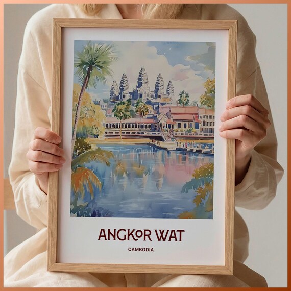 Angkor Wat Cambodia Watercolor Temple Towers Moat Reflection Travel Poster