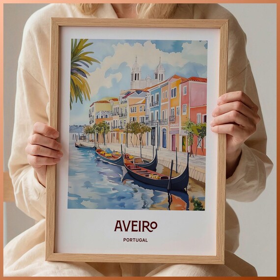 Aveiro Portugal Canal Boats Colorful Houses Watercolor Travel Poster Art