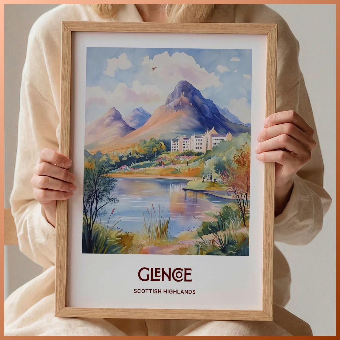 Glencoe Scottish Highlands Mountain Lake Watercolor Scenic Travel Poster