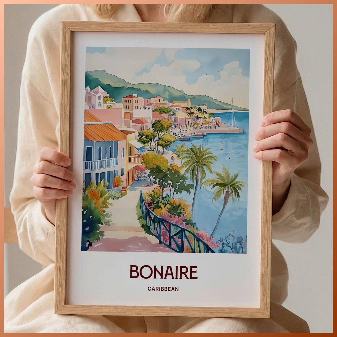 Bonaire Caribbean Waterfront Town Palms Sailboats Watercolor Poster