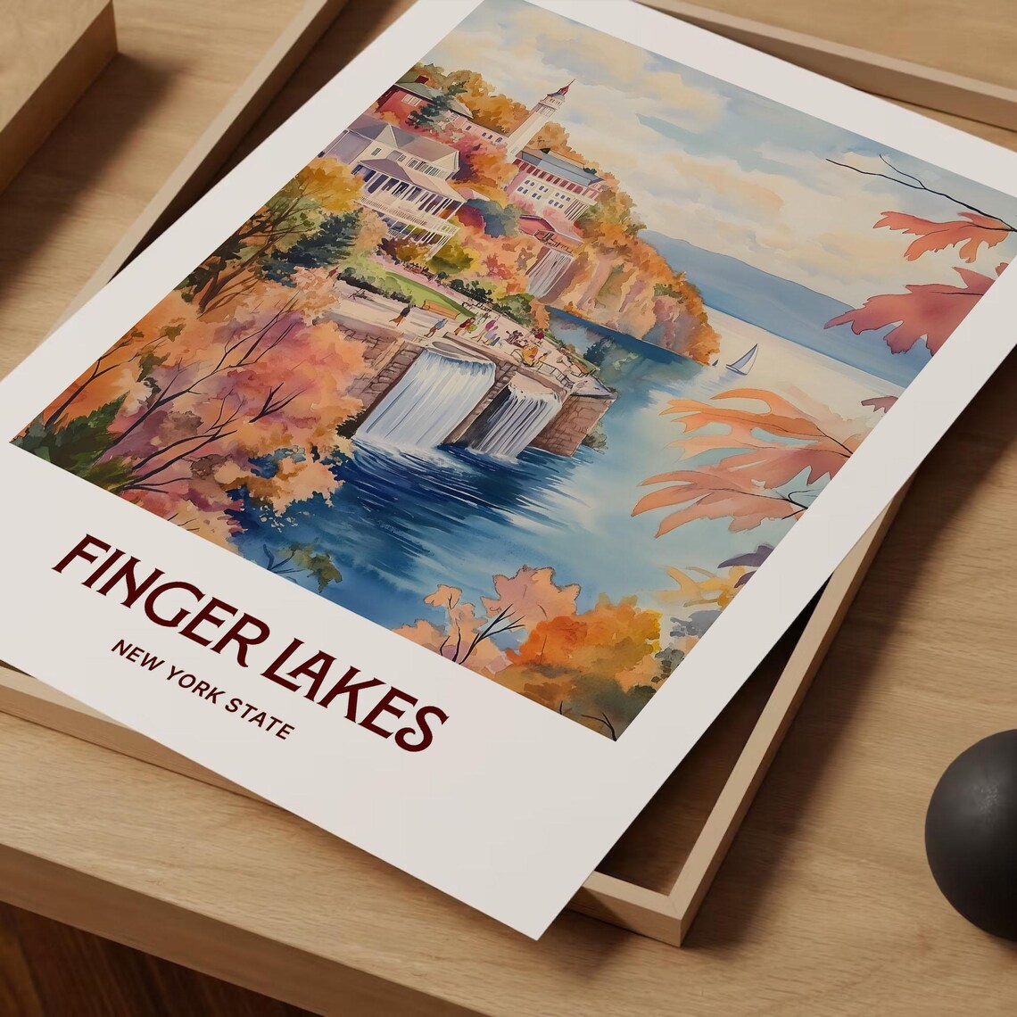 Finger Lakes New York Watercolor Autumn Waterfall Scene Poster - Image 2