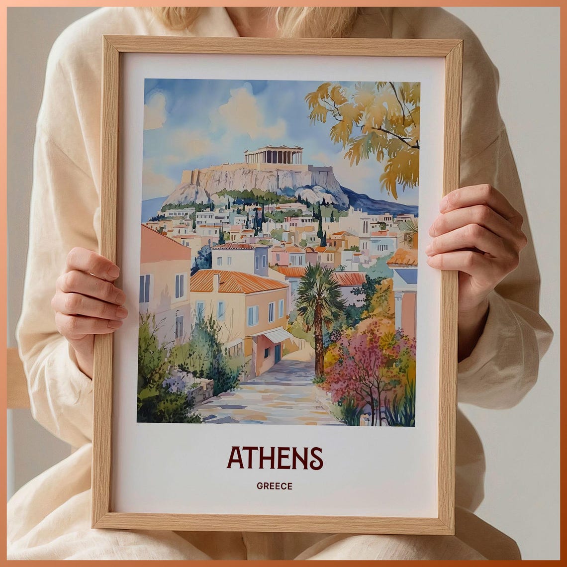 Athens Greece Acropolis Parthenon Watercolor Travel Poster Plaka