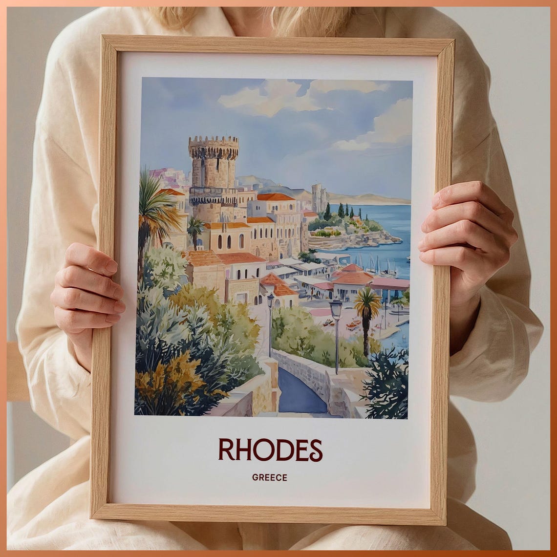 Rhodes Greece Old Town Harbor Medieval Castle Tower Pastel Poster