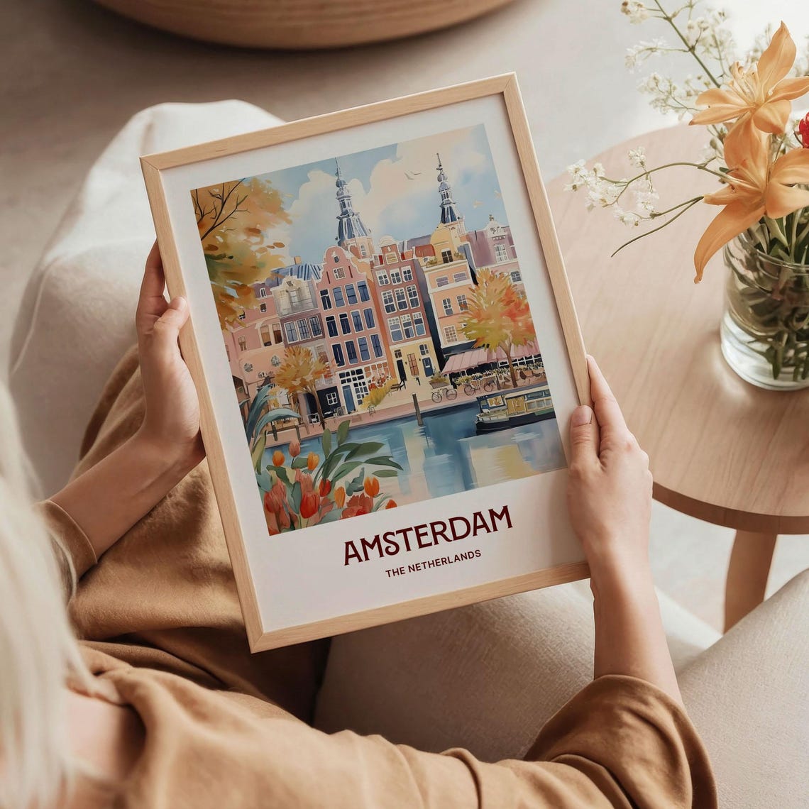 Amsterdam Canal Houses Tulips Bikes Netherlands Watercolor Poster - Image 5